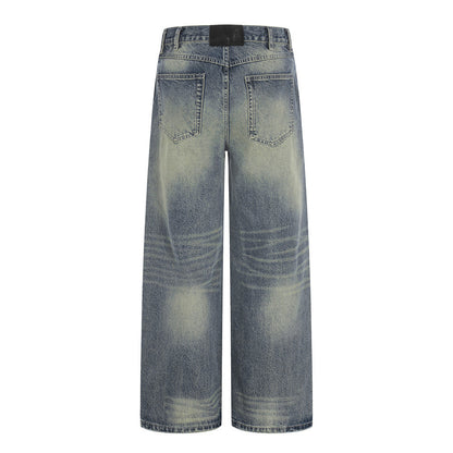 Woman wearing Washed Denim Straight Leg Pants in a casual setting