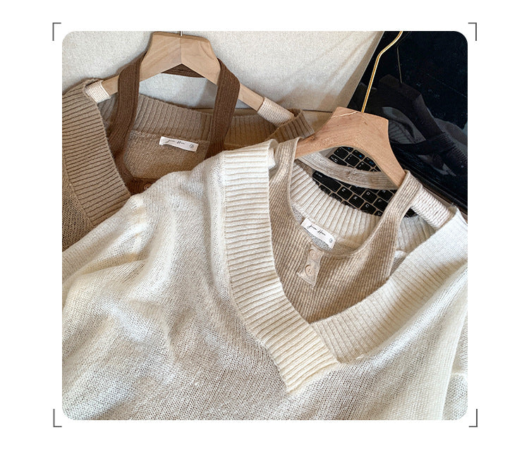 Faux Two-Piece Wool V-Neck Knit Sweater | Tajstylo