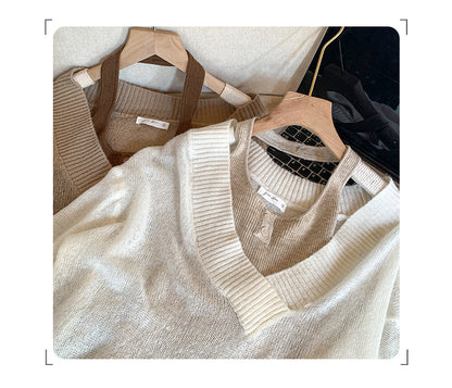 Faux Two-Piece Wool V-Neck Knit Sweater | Tajstylo