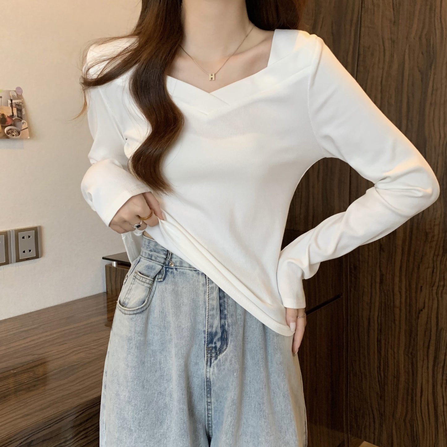 V Neck Long Sleeve Fleece Top | Tajstylo