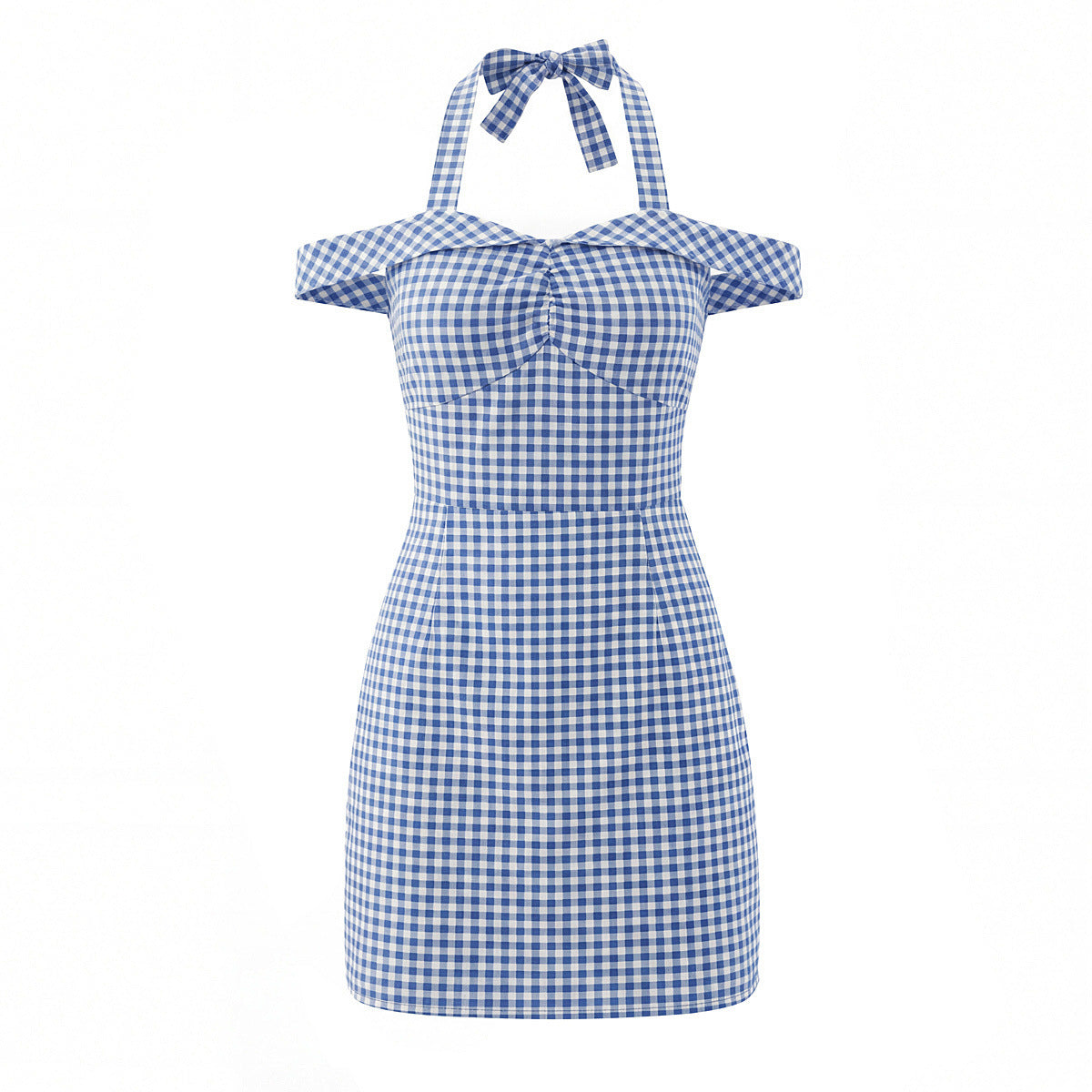 Woman wearing Plaid Bow Tie Neckline Bodycon Dress in an elegant setting