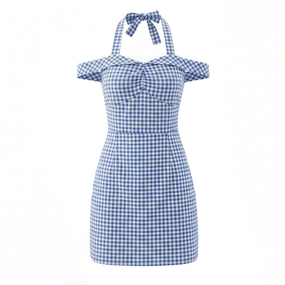 Woman wearing Plaid Bow Tie Neckline Bodycon Dress in an elegant setting