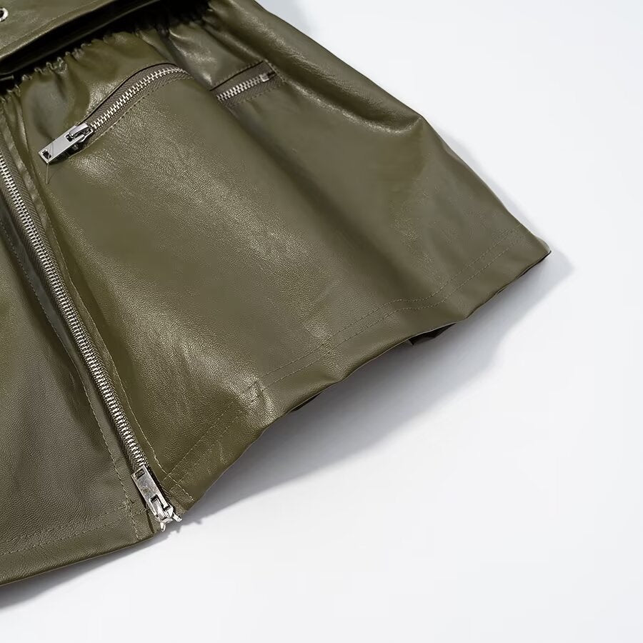 Street Elastic Waistband Faux Leather Jacket | Tajstylo