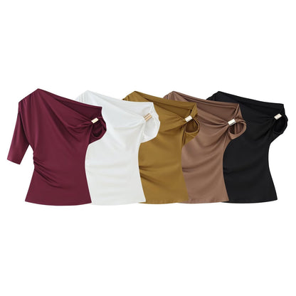 Woman wearing Asymmetric Simple Top in a casual setting