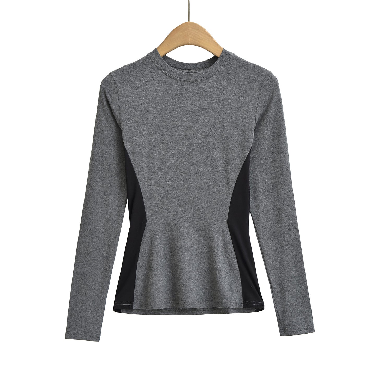 Woman wearing Elastic Slim Fit Color Block Long Sleeve T-Shirt in a casual setting