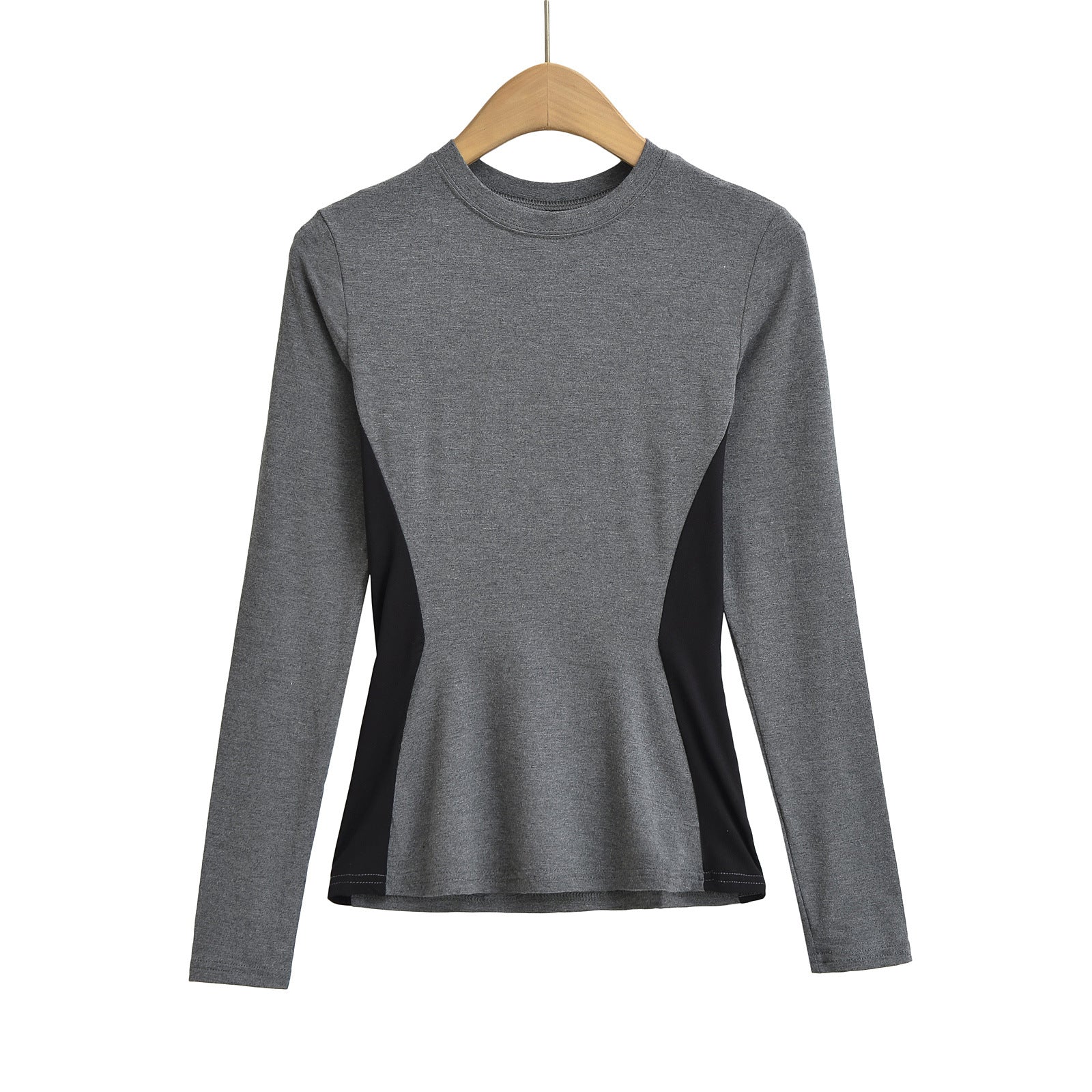 Woman wearing Elastic Slim Fit Color Block Long Sleeve T-Shirt in a casual setting