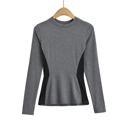 Woman wearing Elastic Slim Fit Color Block Long Sleeve T-Shirt in a casual setting