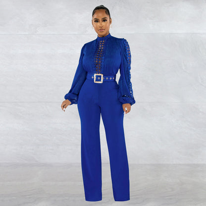 Woman wearing Belted Ruffle Cut-Out Full Length Jumpsuit in a stylish setting