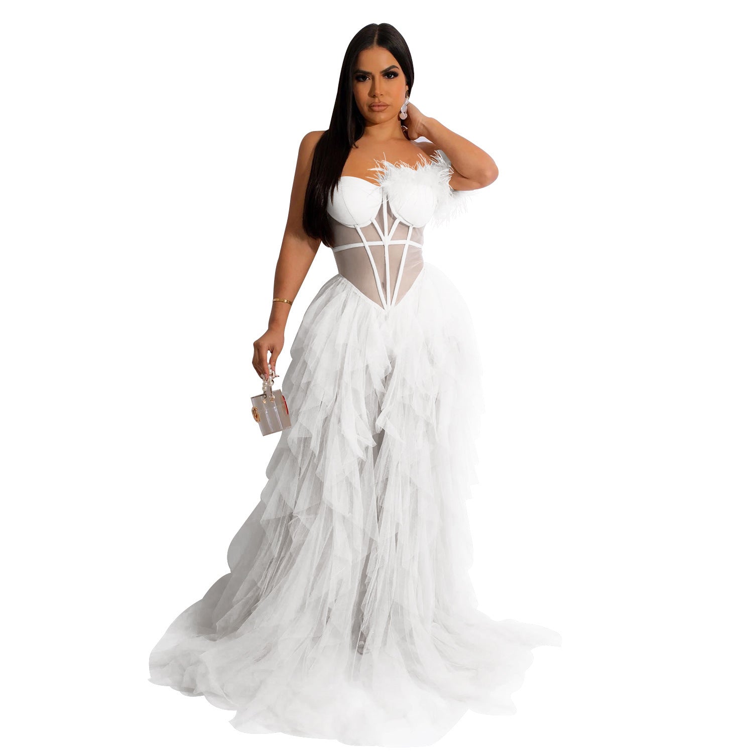 Woman wearing Sleeveless Bustier Mesh Maxi Dress in an elegant evening setting