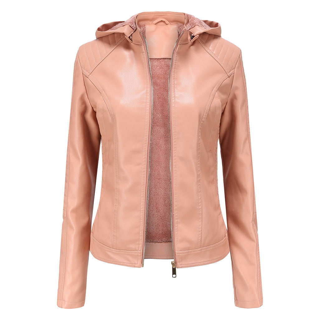 Woman wearing Hooded Long Sleeve Zip-Up Casual Jacket in a casual outdoor setting