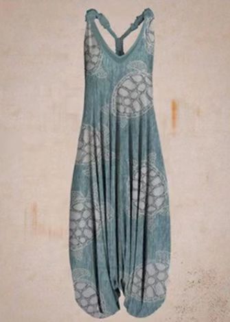 Woman wearing Printed Sleeveless Loose Knit Overalls in a city setting