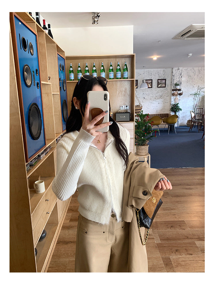 Hooded Knit Cardigan with Fur Collar | Tajstylo
