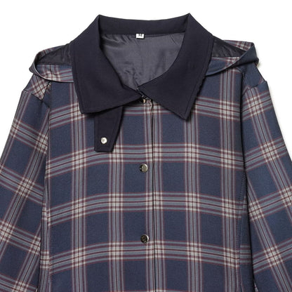 Woman wearing Checkered Hooded Cotton Jacket in a casual outdoor setting