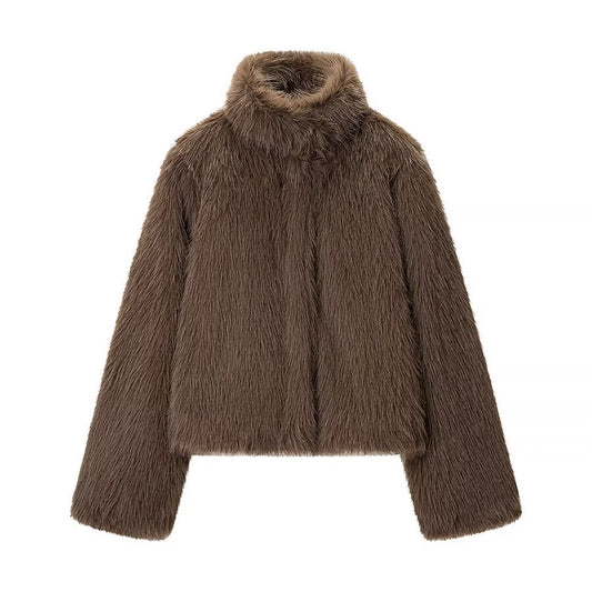Woman wearing High Neck Long Sleeve Loose Fit Faux Fur Coat in a winter setting