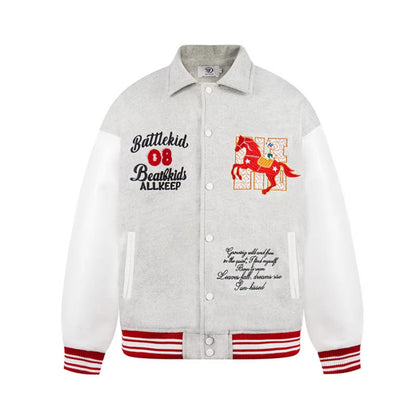 Woman wearing Letter Embroidery Casual Baseball Jacket in a stylish urban setting
