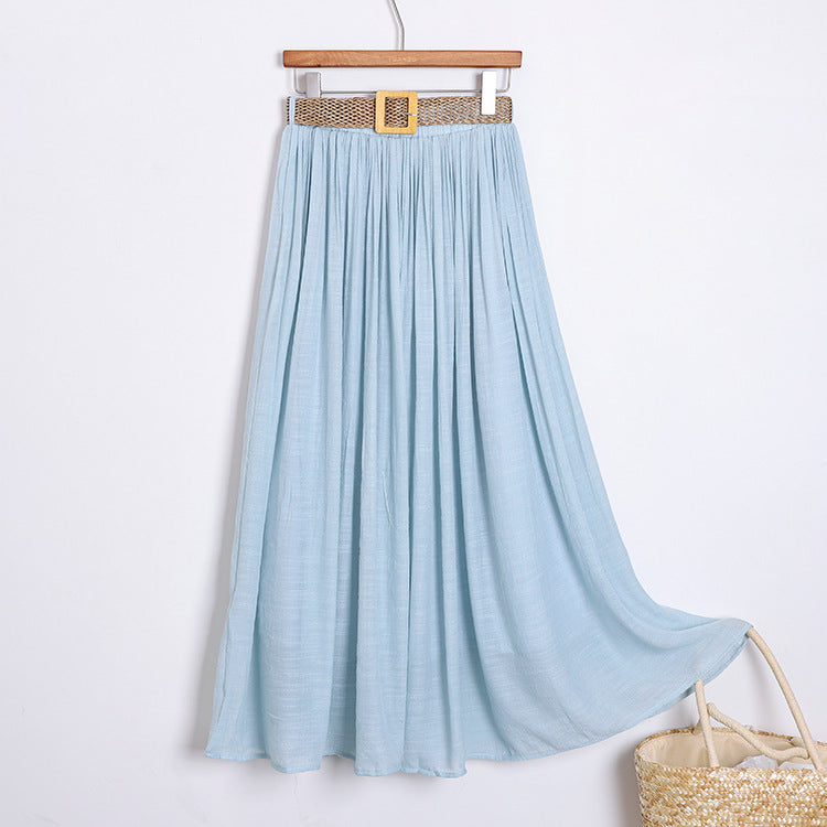 Woman wearing Solid Color A-Line Skirt in a casual outdoor setting