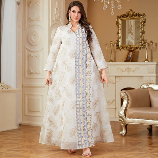 Embroidered V-Neck Long Robe Dress | Tajstylo