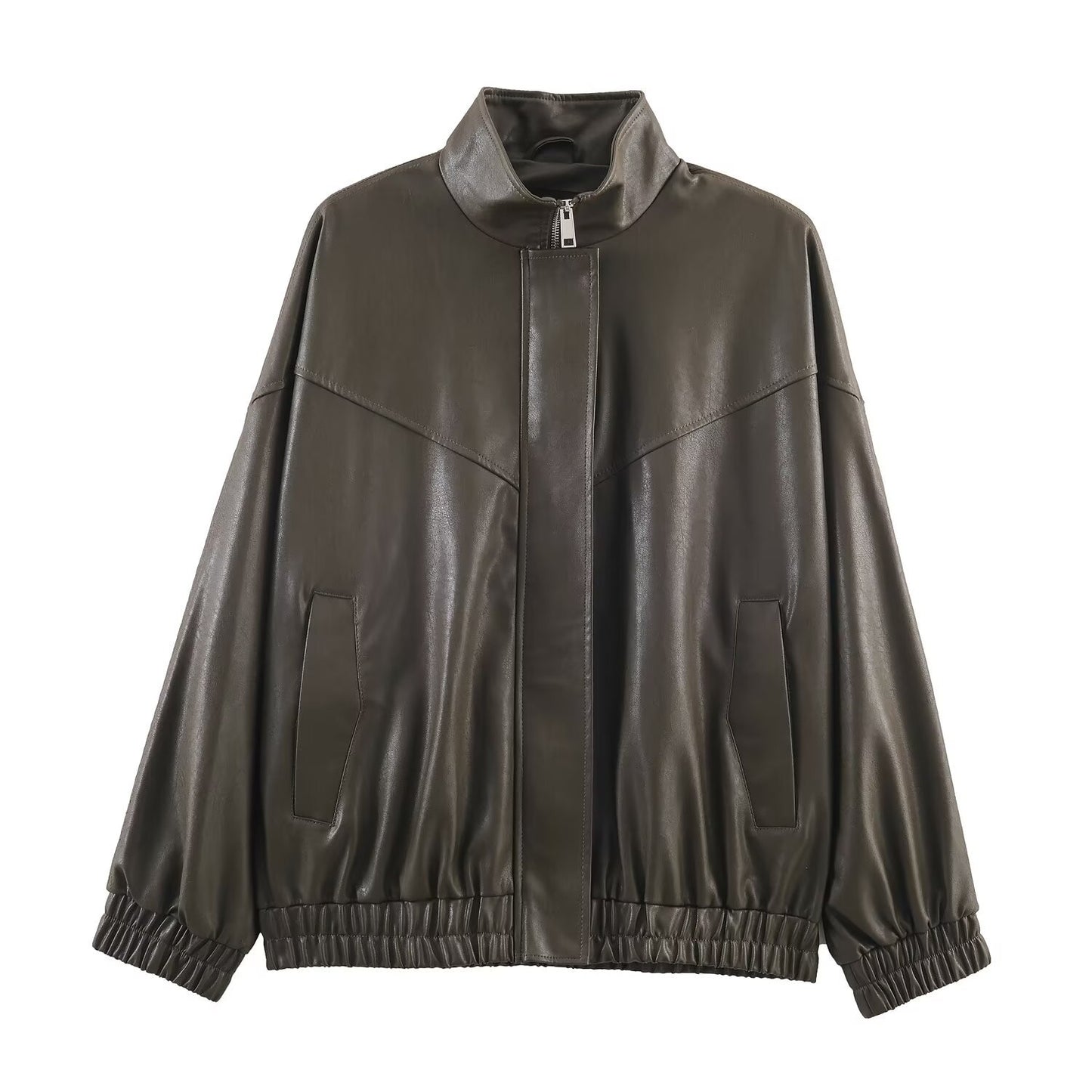 Woman wearing Faux Leather Stand Collar Pilot Jacket in a city setting