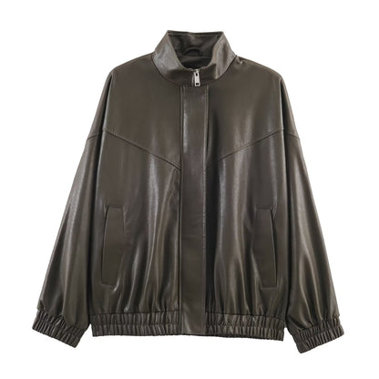 Woman wearing Faux Leather Stand Collar Pilot Jacket in a city setting