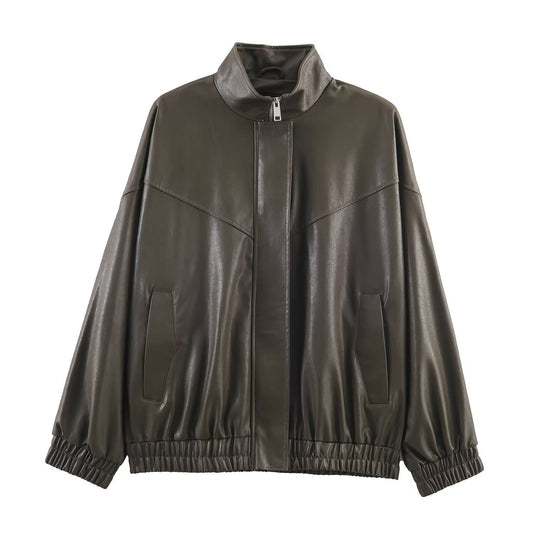 Woman wearing Faux Leather Stand Collar Pilot Jacket in a city setting