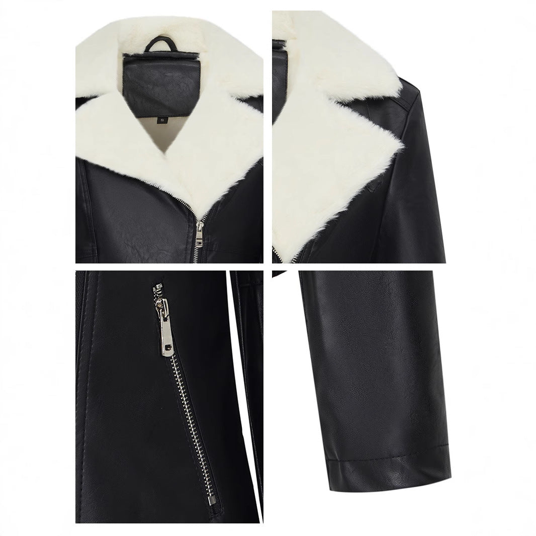 Woman wearing Thick Faux Leather Coat Jacket in winter setting