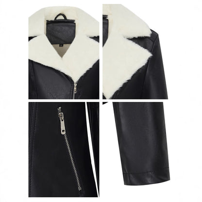 Woman wearing Thick Faux Leather Coat Jacket in winter setting