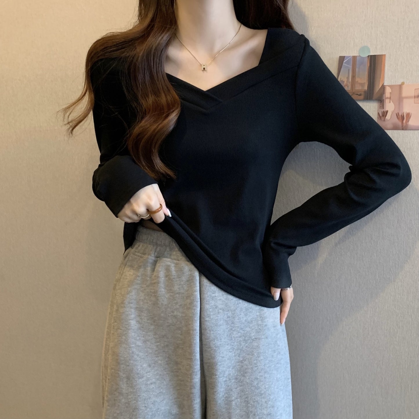 V Neck Long Sleeve Fleece Top | Tajstylo
