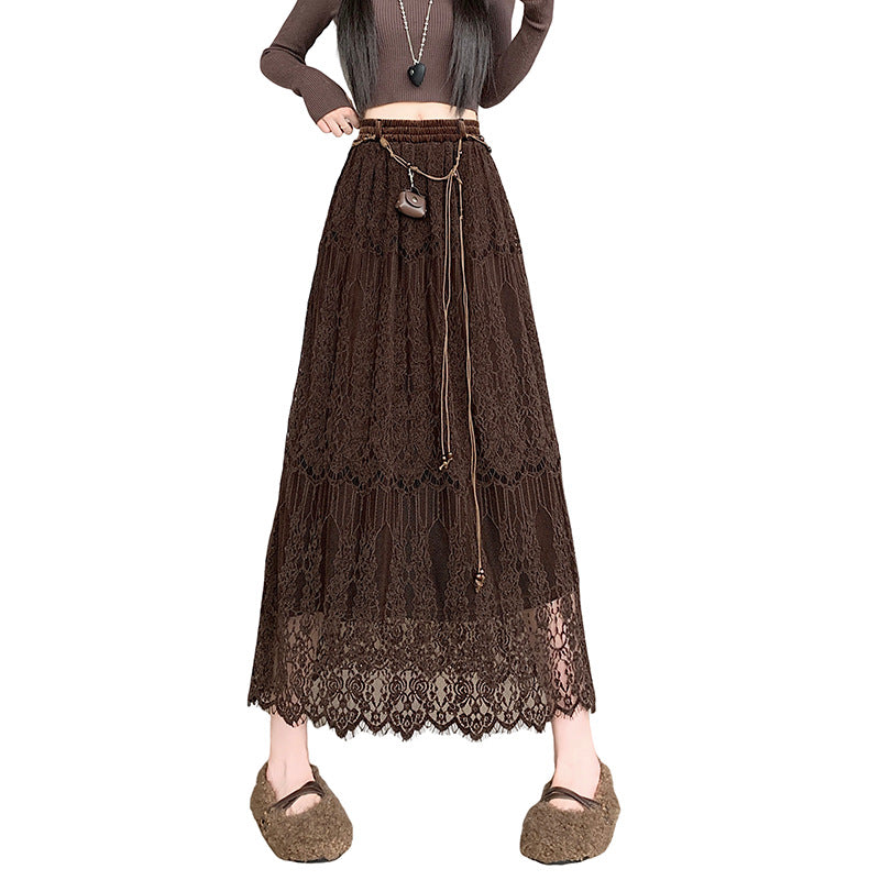 Woman wearing Lace Midi Skirt in a stylish setting