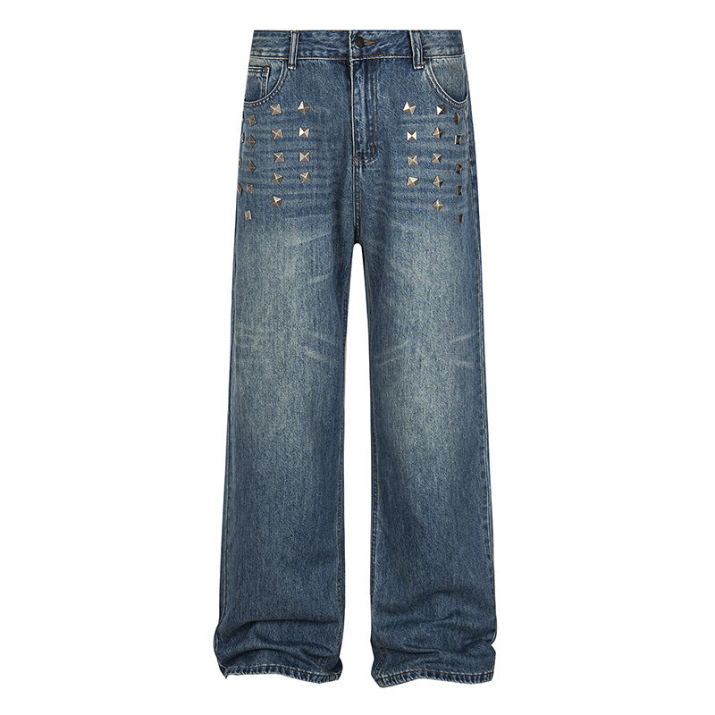 Woman wearing Edgy Square Stud Denim Pants in a street setting