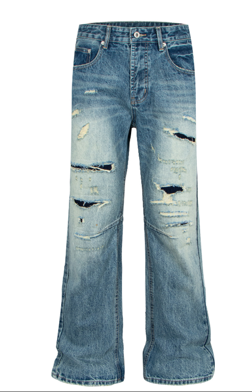 Woman wearing Washed Vintage Patchwork Denim Jeans in a streetwear setting