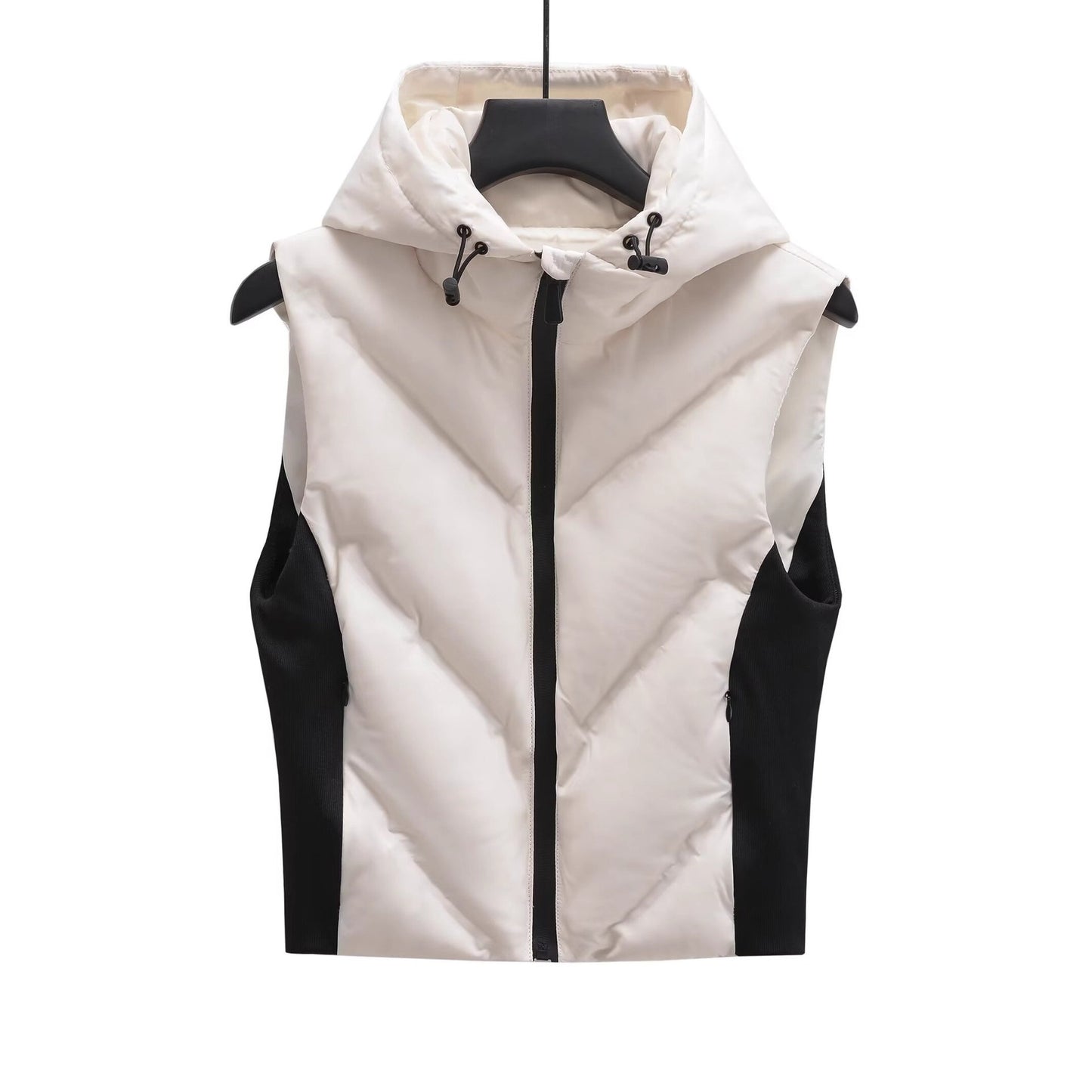 Woman wearing Street Laminated Hooded Vest Jacket in an urban setting