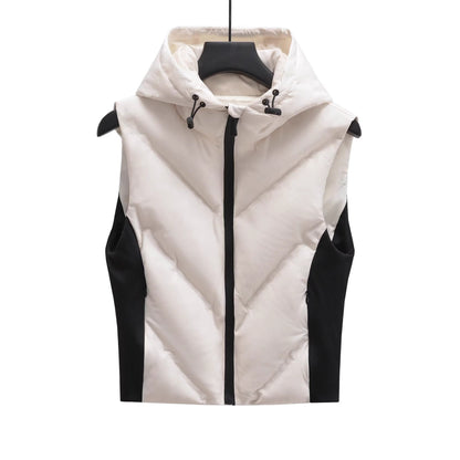 Woman wearing Street Laminated Hooded Vest Jacket in an urban setting