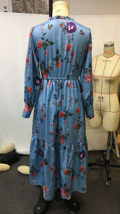 Vintage Floral V Neck Long Sleeve A Line Dress | Tajstylo