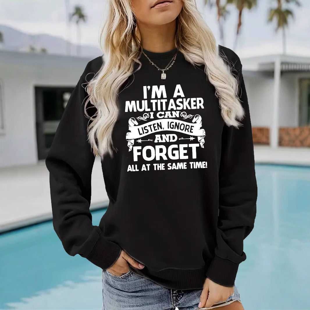 Woman wearing I'm A Multitasker Hoodie in a casual setting
