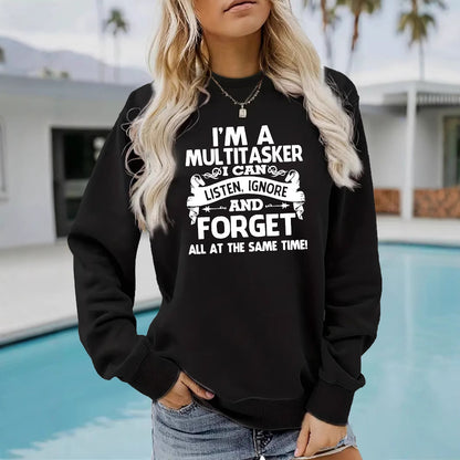 Woman wearing I'm A Multitasker Hoodie in a casual setting