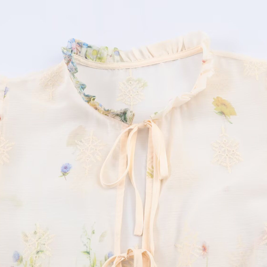 Embroidered Lantern Sleeve Shirt with Lace-Up Tie | Tajstylo