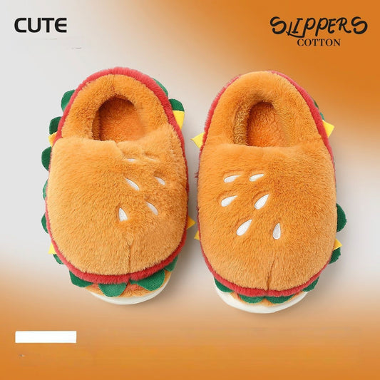 Women's Cute Cartoon Hamburger Fleece-Lined EVA Sole Winter Cotton Slippers – Front View | TajStylo