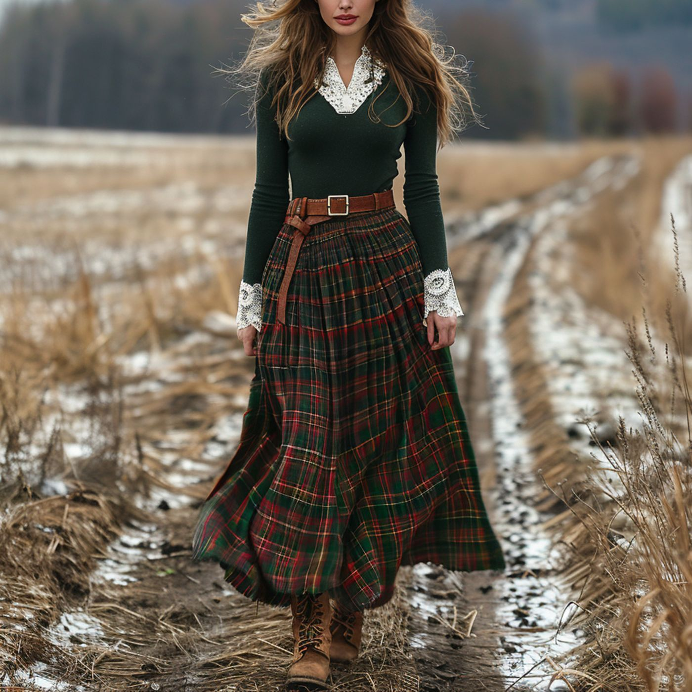 Woman wearing Green Plaid Maxi Dress in a countryside setting