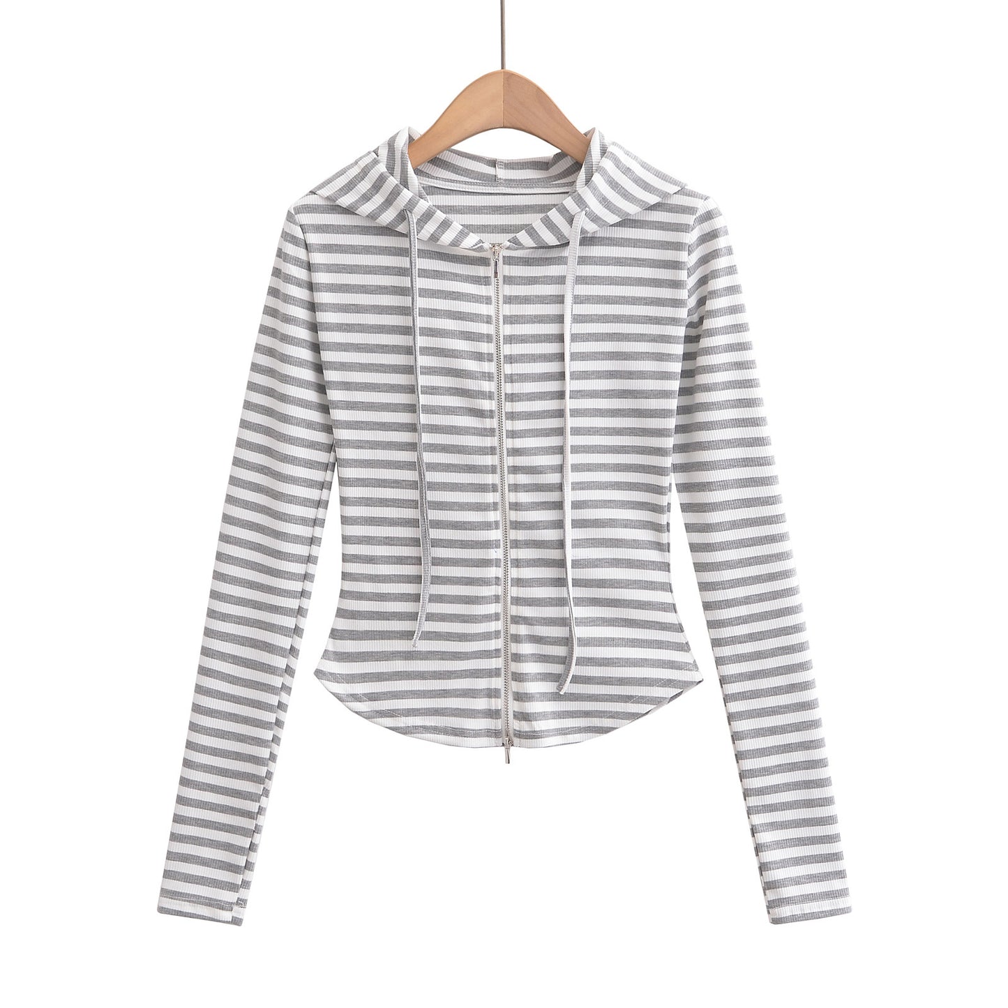 Woman wearing Hooded Stripe Half-Zip Cardigan in a casual setting