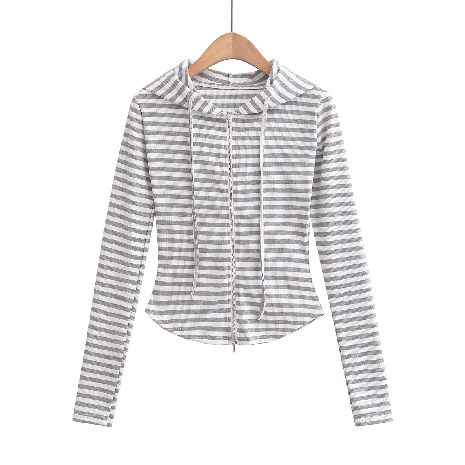 Woman wearing Hooded Stripe Half-Zip Cardigan in a casual setting