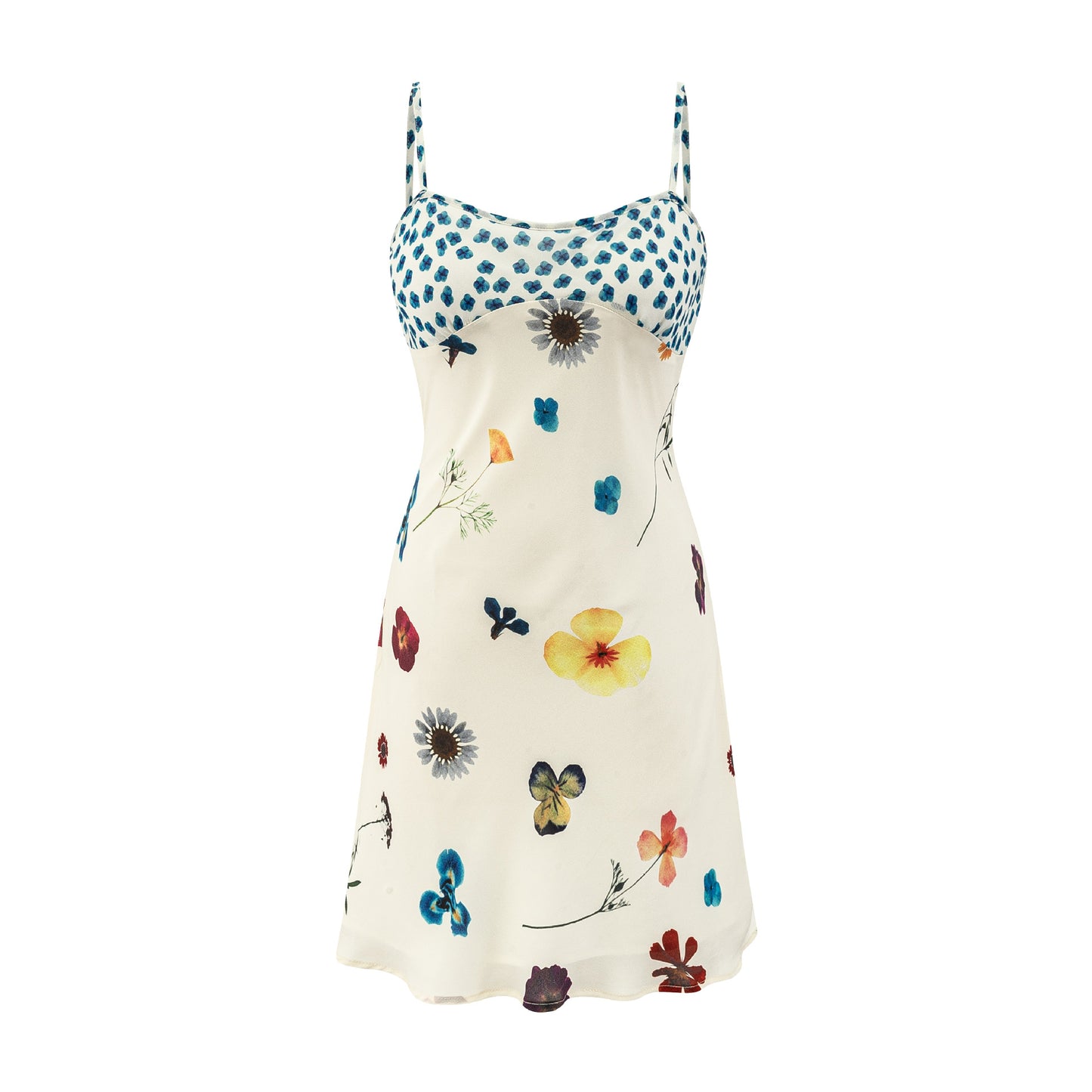 Woman wearing Beige One Shoulder Floral Suspender Dress in a sunny outdoor setting