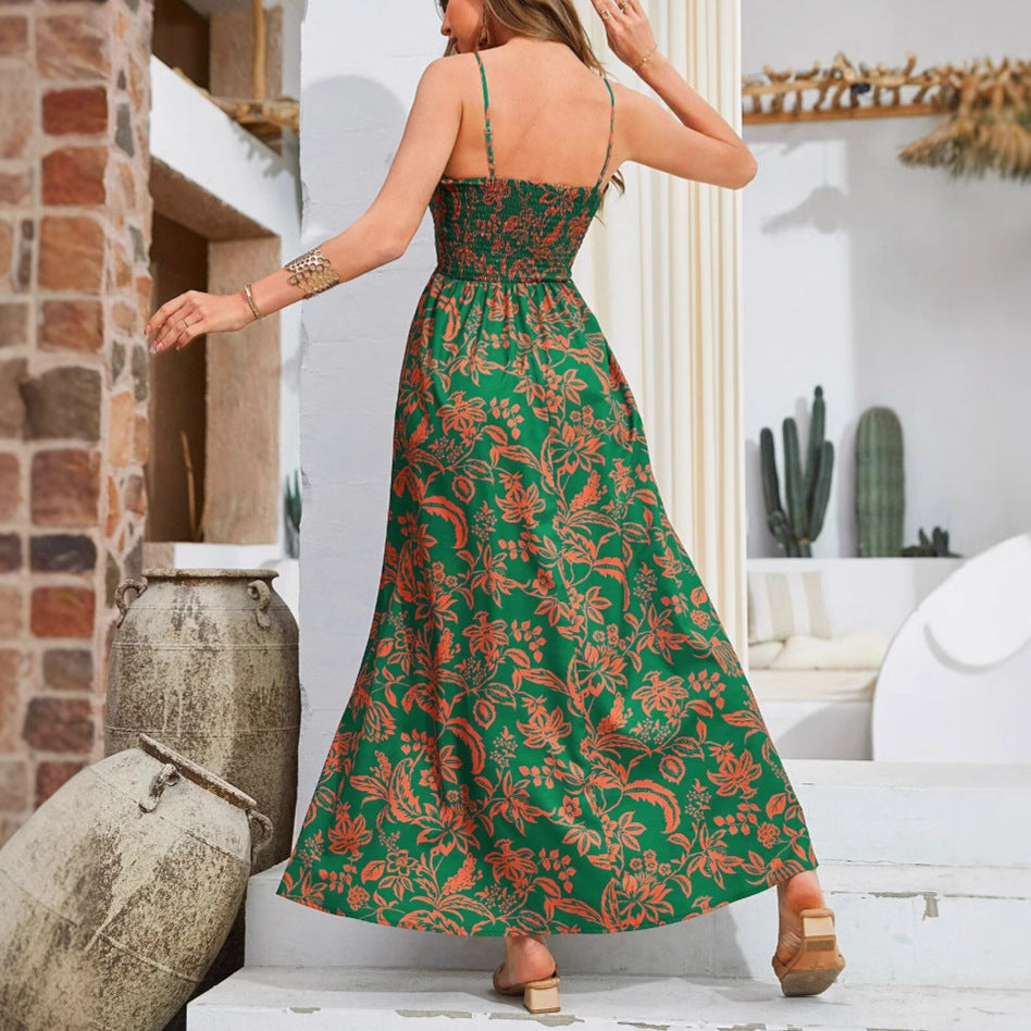 Woman wearing One-Shoulder Floral Print Maxi Dress in a sunny garden