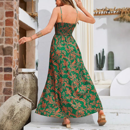 Woman wearing One-Shoulder Floral Print Maxi Dress in a sunny garden