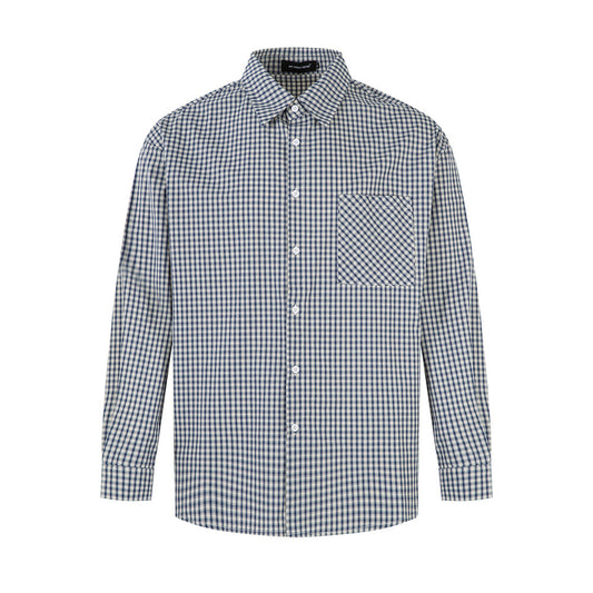 Woman wearing Checkered Long Sleeve Shirt in urban setting