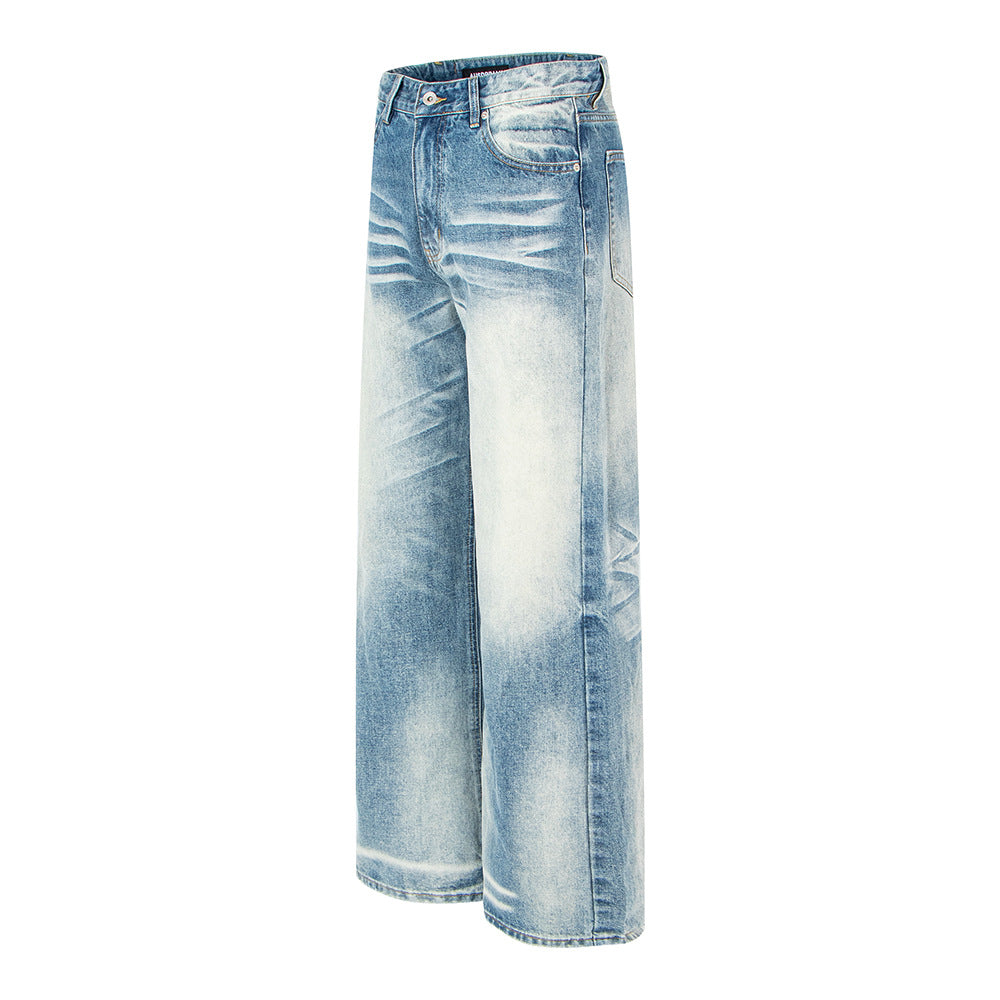 Woman wearing Vintage Distressed Straight Leg Denim Pants in a casual outdoor setting
