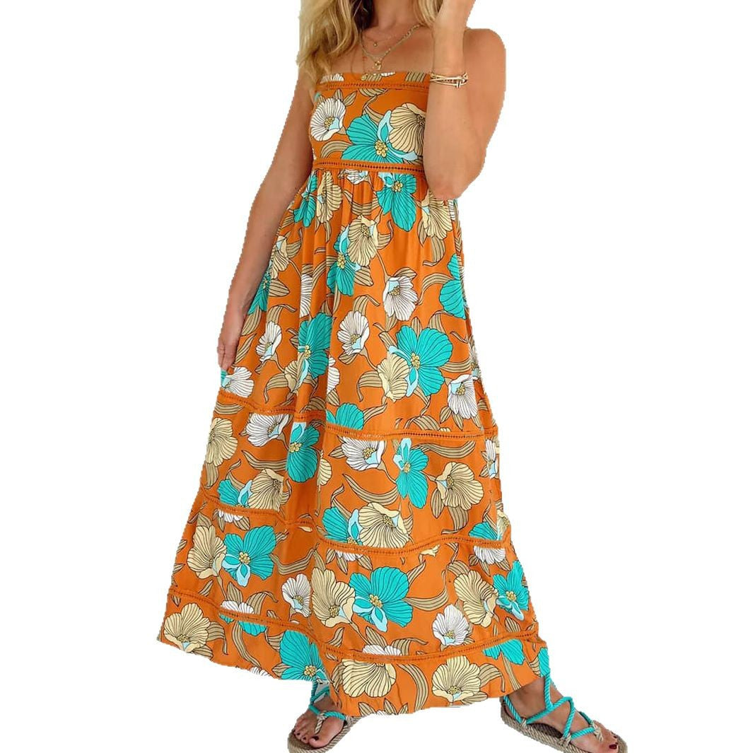 Woman wearing One-Shoulder Leaf Print Boho Maxi Dress in a sunny outdoor setting