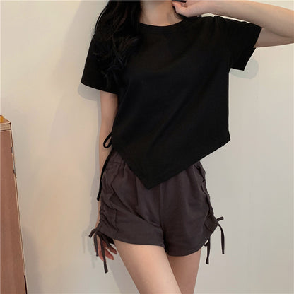 Irregular Drawstring Cropped T-Shirt | Tajstylo