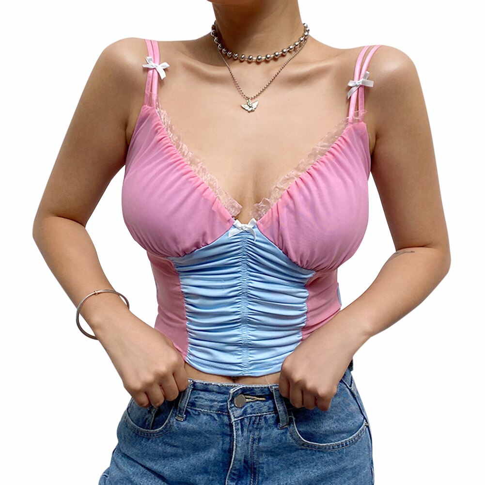Woman wearing Gothic Floral Lace Mesh Crop Top in a summer setting
