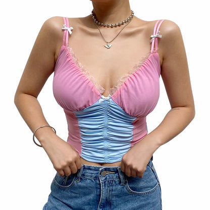 Woman wearing Gothic Floral Lace Mesh Crop Top in a summer setting
