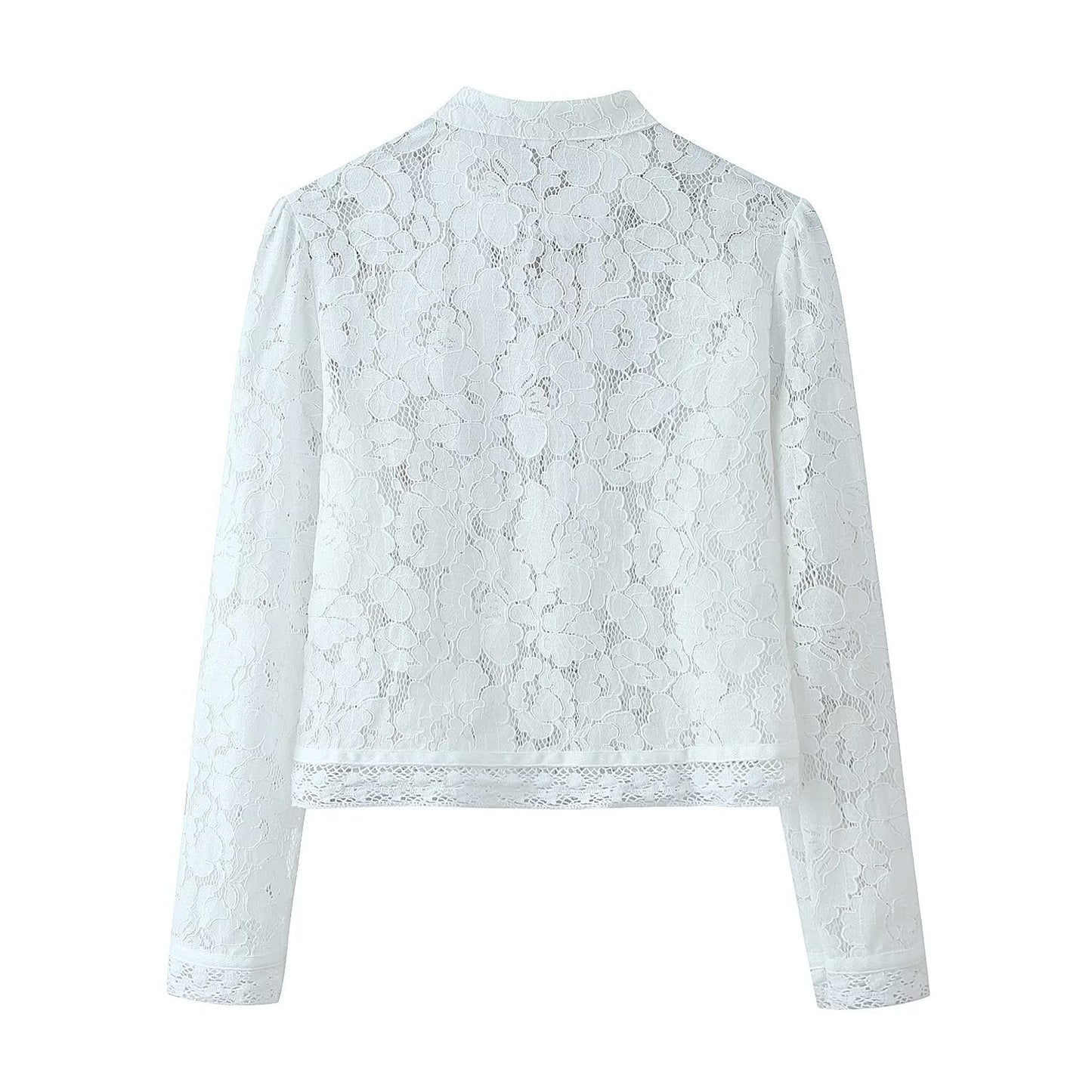 Buckle Embellished Lace Crochet Stand Collar Slim Fit Shirt | Tajstylo